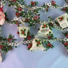 Vintage Plastic Garland-White Filigree,Bells,Lanterns,Holly Leaves,8Ft Long picture