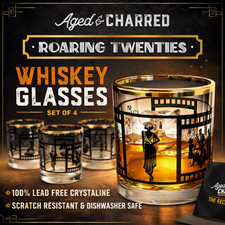Aged & Charred Roaring 20s Whiskey Glasses Set of 4 Gold Rim Crystal picture