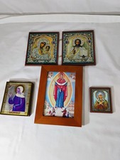Wooden Mary & Jesus Icon Catholic Russian Orthodox Church Prayer Art Set of 4 picture
