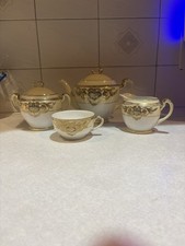 Vintage Noritake Tea Set Teapot Sugar Creamer Cup Blue Heart Raised Gold Japan picture