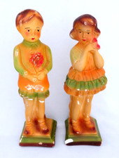 RARE Vntage 1940s A. Backer Chalkware Boy & Girl with Flowers Figurines Repaired picture