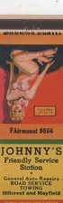 Vintage Matchcover Johnny's Friendly Service Station Pinup picture