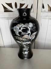 VTG Asian Korean Vase Black Lacquer Mother of Pearl Peacock Stork Floral picture