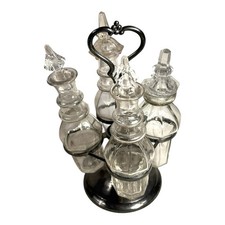 Antique Victorian Glass Cruet Set 4 Bottles Metal Stand - Original Stoppers picture