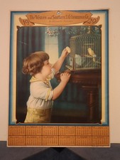 Antique 1929 Advertising Calendar Litho of Child & Canary in Cage 8.5