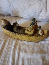 Vintage American Indian In Canoe Resin Figure w/ Dog and Bald Eagle 9.5
