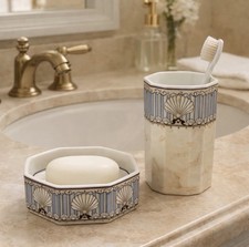 VTG Andre Richard St. Tropez Porcelain Soap Dish & Tumbler Set Shell Dsgn Japan picture