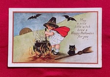 Vintage 1910s Halloween Postcard Whitney Made Little Witch Cauldron Black Cat picture