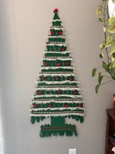 Vtg 70s Large Woven  Christmas Tree Wall Hanging Pom Pom Fringe 48x21 MCM picture