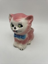 Vintage MCM Big Eyes Pink Kitten Cat Planter with Blue Bow 1950s Ceramic Plant picture