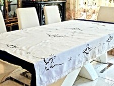 WONDERFUL ANTIQUE HAND CRAFTED WHITE LINEN TABLECLOTH 130 X 180 CM. C 1930'S picture