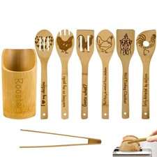8PCS Wooden Cooking Spoons with Holder - Rooster Kitchen Decor, Farmhouse Sty... picture