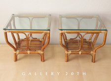 PAIR FICKS & REED BAMBOO & WICKER GLASS SIDE TABLES WOOD VTG MID CENTURY MODERN picture