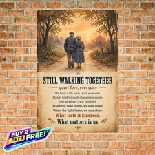 Elderly Couple Walking Into Sunset Romantic Metal Tin Sign picture
