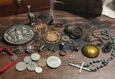 Old Lot of Vintage jewelry & old coins Lot including silver cross Junk Drawer picture