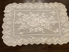 Vintage Handmade Crochet White Doily Table Top Scalloped Edge Roses 27.5”  X 18” picture