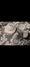 Beautiful vintage Aladdin Fine China tea set featuring an elegant white swirl picture