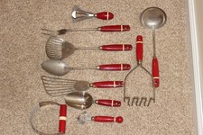 EKCO A & J Red Wood Handle Kitchen Utensil Set Vintage Lot 10 pieces picture