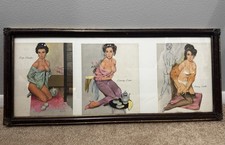 Vintage 3 Pin Up Art Prints Framed By Fritz Willis Wall Hanging 1900s 27”x12” picture