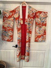 Japanese Vintage Silk Kimono Robe Bright Orange Gold Color Women's Free Size picture