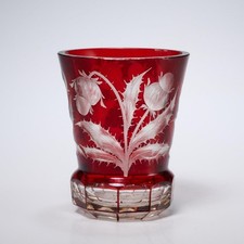 Vintage Bohemian Ruby Red Flash Cut Clear Crystal Vase Hand Engraved Thistle picture