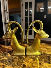 Vintage Mid Century Antelope Gazelle Brass Bookends picture