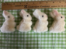 Vintage FLOCKED fuzzy Spring Easter Bunny Rabbits FLORAL PICKS  set of 4 picture