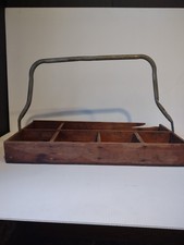 Vintage Brown Wooden Tool Box Divided Carrier Metal Handle Rustic Decor [7500] picture