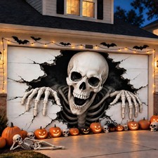 7 x 16 ft Halloween Garage Door Cover, 3D Skeleton Breaking Through Door Hall... picture