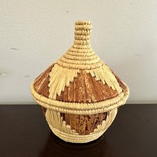 Vintage Coiled Lidded Handwoven Raffia Basket African Tribal 6” Decorative picture