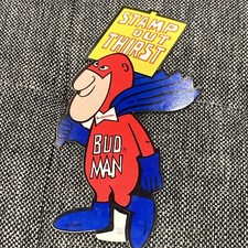 VTG NEW BUD MAN Budweiser Sign Sticker Decal Cape 70s NOS AUTHENTIC Stamp Thirst picture