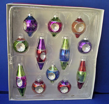 Mini Glass Xmas Ornament Set 12  Small ball / spire indent reflector Jewel tones picture