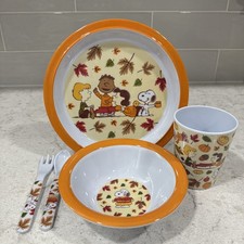 Peanuts 5 Pc Kids Fall Thanksgiving Melamine Plate Bowl Cup Set Snoopy Charlie picture