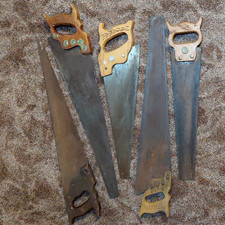 Lot of 5 vintage Diston and Warranted Superior wood handled saws picture