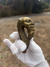 Creepy Antique Victorian 1800s - 1900 Cast Brass Serpent Figure Cane Top Topper picture