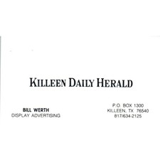 Bill Werth Killeen Daily Herald Killeen TX Vintage Business Card SD8-B20 picture