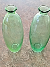 Vintage MCM Light Green Glass Vases Pair Blown Bud Bottle Triangle Mark picture