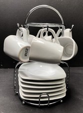 Imusa Espresso Coffee Set Of  6 White Cups & 6 Saucers with Chrome Caddy Stand picture