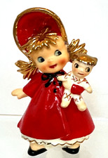 Vintage RARE Lefton Christmas Girl Holding Doll #1384 Japan Red & Gold 4” picture