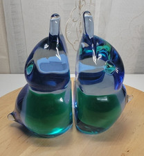 VTG MCM Murano Blue & Green Sommerso Baby Ducks/Penguins Bookends Heavy 7.5