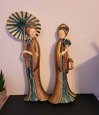 Vintage 1982 HODA Geisha Wall Plaques Pair Asian Decor Fan Parasol USA 6740 picture