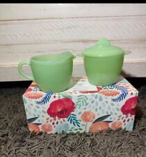 Vintage Fire King Jadeite Jane Ray Cream and Sugar With Lid Ribbed Oven Ware  picture