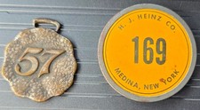 Vtg Antique Heinz 57 Good Luck Fob Charm & Medina NY Factory Pinback Badge Lot picture