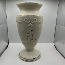 Lenox Happy Holiday Vase Baluster Shape Ornate Embossed Christmas Tree Gold Star picture