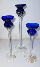 Crytal Clear Candle Holders Cobalt Blue Twisted Stem Irene Hand Blown Romania~3 picture