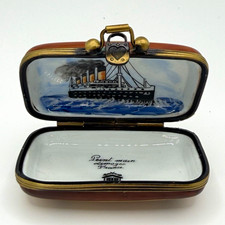 Peint a Main Limoges France Titanic Ship Scene Hinged Porcelain Trinket Box picture