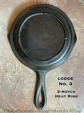 Vintage LODGE Cast Iron Skillet No.3 Unmarked 3-Notch Bottom Heat Ring Dbl Drip picture