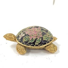 Vintage Cloisonne Enamel Turtle Trinket Box Gold Tone Floral Design picture