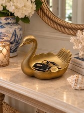 Vintage Gold Swan Figurine Business Card Holder Swan Trinket Dish Catchall GIFT picture