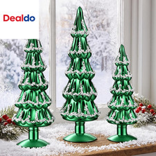 3 Pcs Green Glass Christmas Trees with Silver Pearl Trim picture